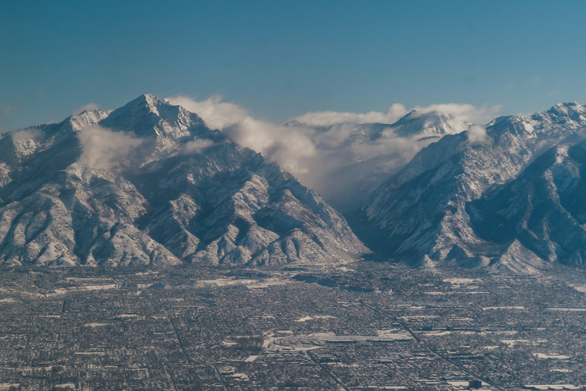 The Salt Lake Valley from the air, framed by the Wasatch Range.